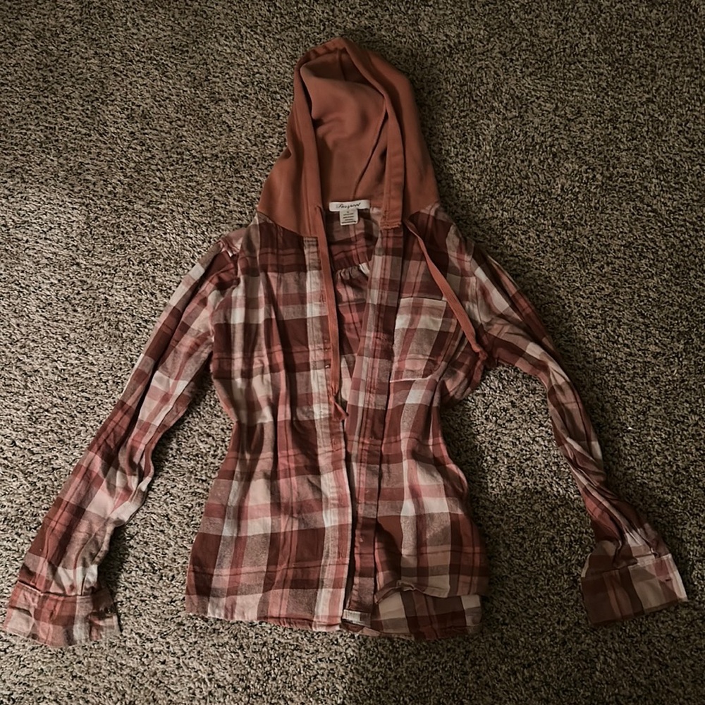 PASSPORT Beige/Brown Flannel Button-up Shirt Hoodie